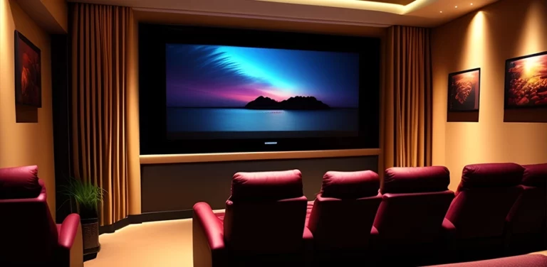 Modern living room with home theater system, including a large TV and surround sound speakers.
